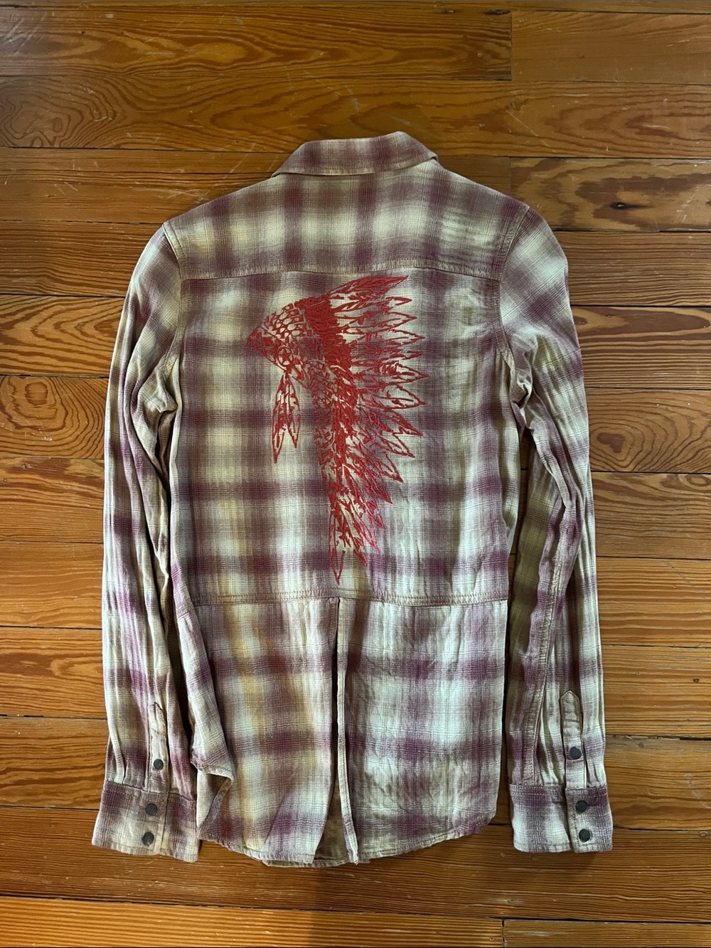 Women’s Plaid Button-Down Shirt with Red Headdress Graphic